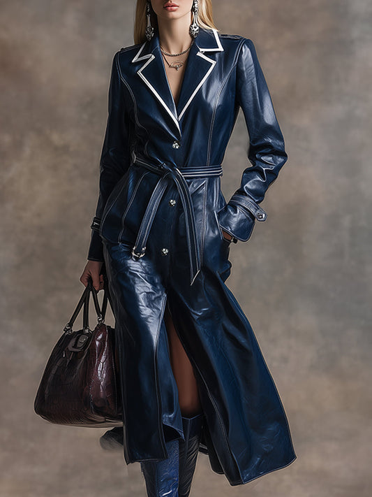 Veste Longue en PU Marine avec Ourlet Rétro Contrasté