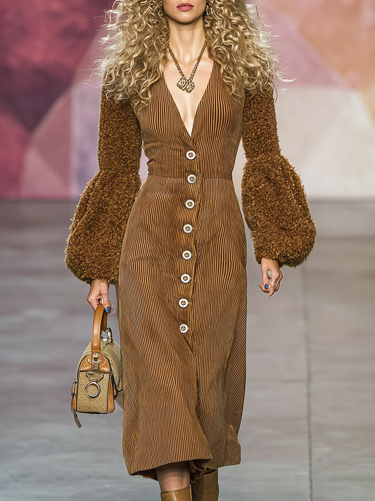 Robe Midi Vintage Western en Velours Côtelé Marron avec Manches en Peluche et Décolleté en V