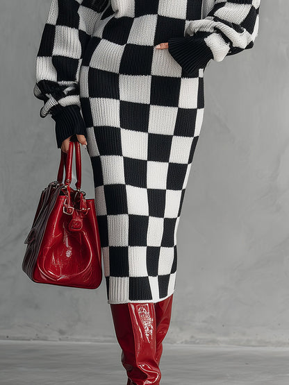 Robe Midi Tricotée à Motif Carreaux Noir et Blanc : Élégance Rétro et Tendance