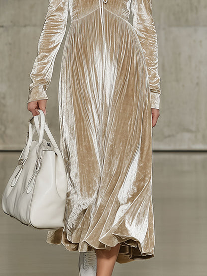 Robe Midi Velours Champagne Rétro à Manches Longues avec Plis et Détails en Lacets