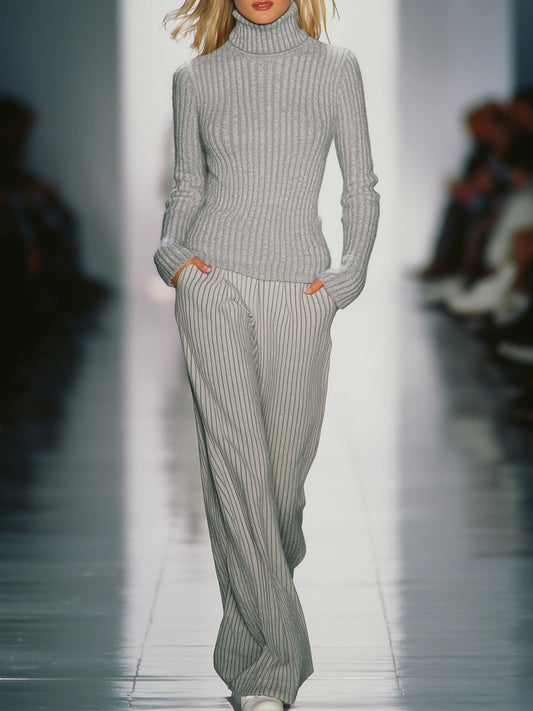 Ensemble Tricoté Chic : Pull Col Roulé Gris Clair et Pantalon Élégant