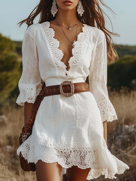 Robe en Lin Blanc pour Femme - Mi-Longue avec Détails en Dentelle et Col en V - Expédition Rapide sous 24 Heures
