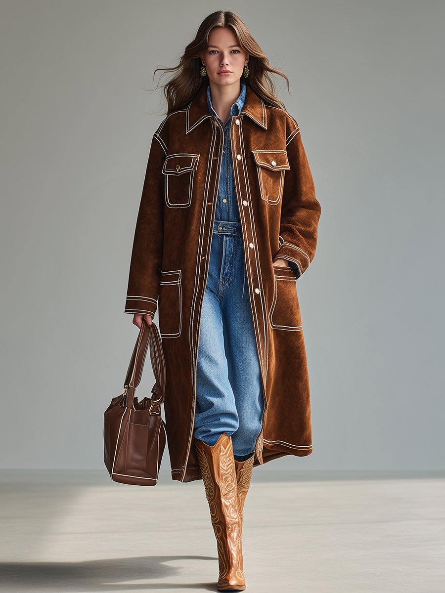 Veste en faux suède à poches multiples avec revers western rétro