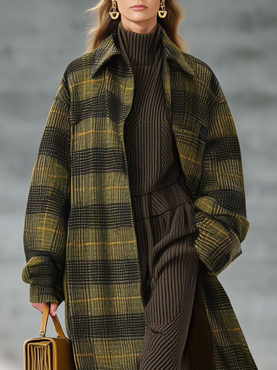 Veste Longue Rétro à Carreaux Jaune et Vert - Style Ample en Laine