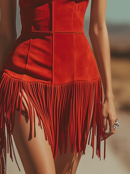 Robe Mini Élégante en Suède Rouge avec Franges - Expédition Rapide sous 24 Heures!