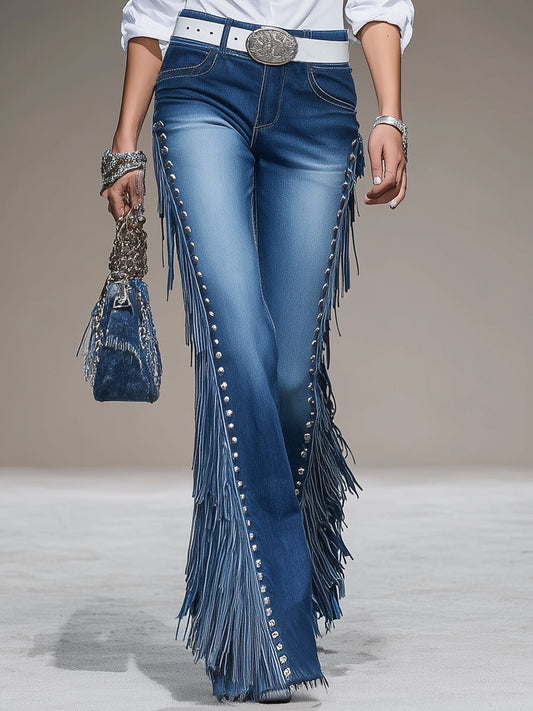 Jean Évasé Bleu Western avec Franges et Clous