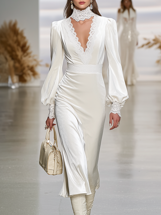 Robe Maxi Velours Élégante avec Détails en Dentelle, Manches Lanternes et Décolleté en V - Style Rétro Chic