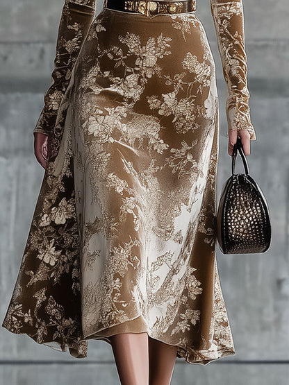 Robe Midi Rétro en Velours Imprimé Caramel