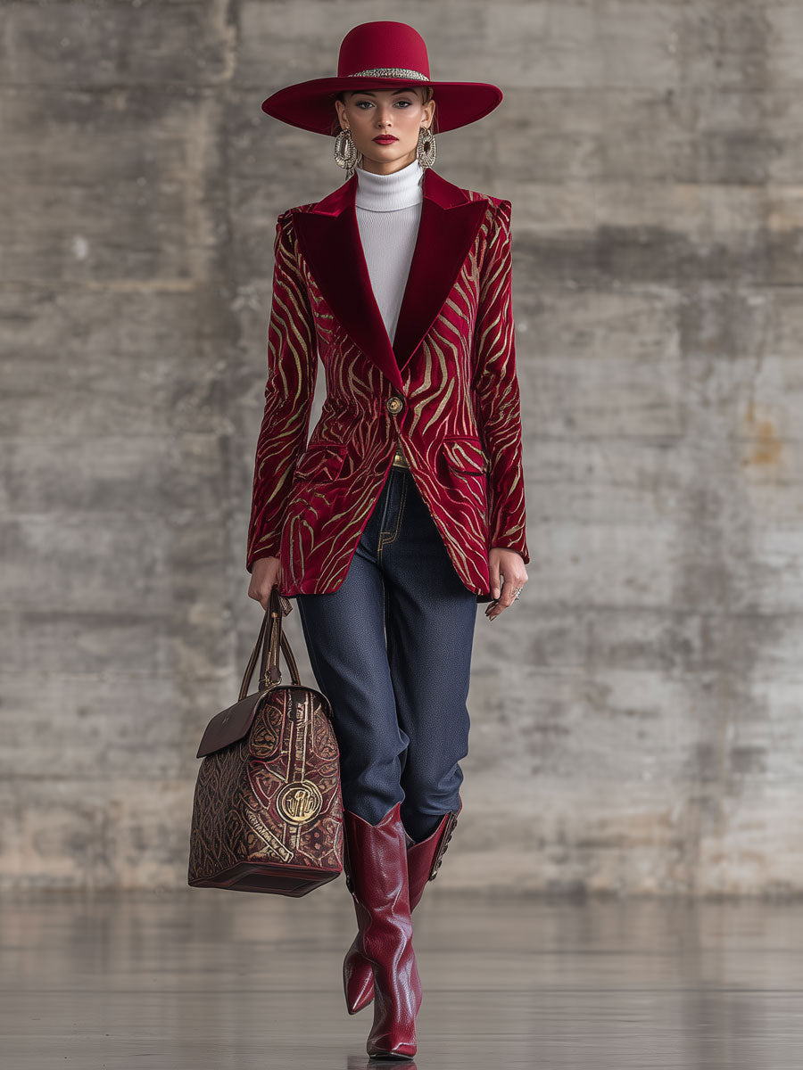 Veste en Velours Rouge à Motif Zebra Doré Rétro