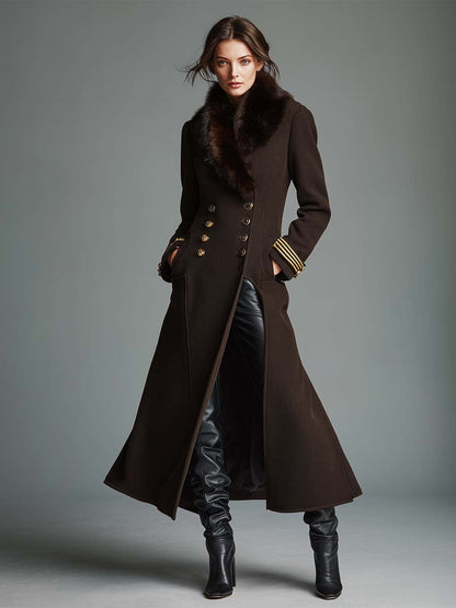 Chic Manteau Long Classique en Luxe avec Col en Fourrure Synthétique Détachable - Marron Café