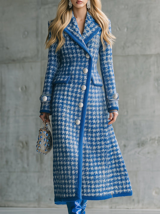 Veste Longue Houndstooth Bleu : Élégance Rétro pour l'Automne et l'Hiver