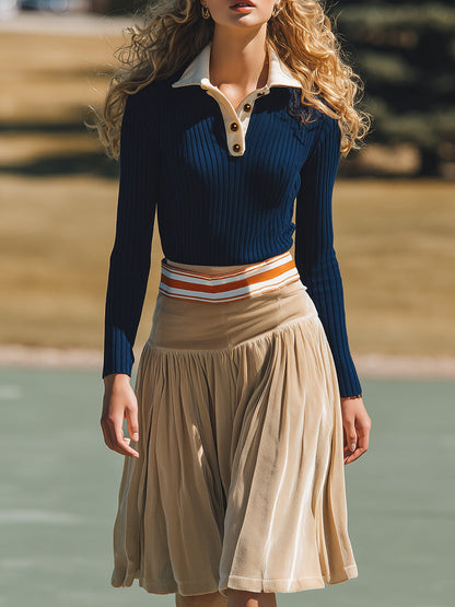 Élégant Ensemble Rétro en Tricot Bleu Marine avec Revers et Jupe en Velours Beige