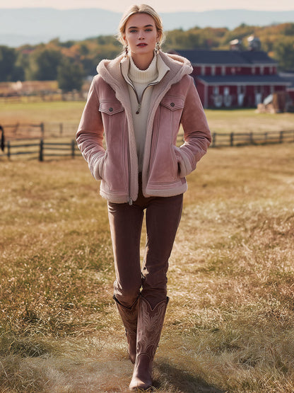Veste à Capuche en Suédine Rose Vintage Style Western, Doublée en Fleece