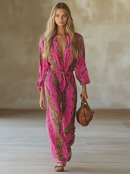 Combinaison Décontractée en Chiffon Léopard Rose et Rouge à Manches Longues