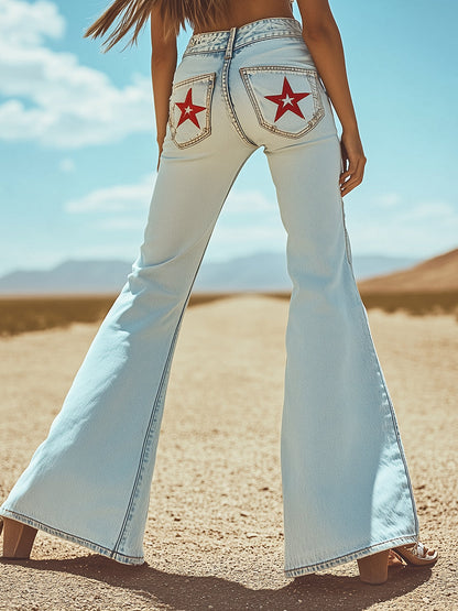 Expédition Rapide : Pantalons en Denim Évasés avec Broderie Étoile Vintage sur Poche Arrière
