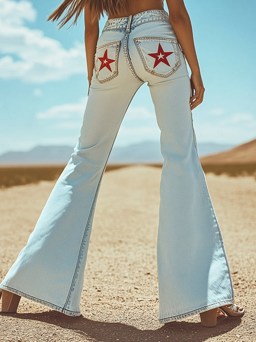 Expédition Rapide : Pantalons en Denim Évasés avec Broderie Étoile Vintage sur Poche Arrière