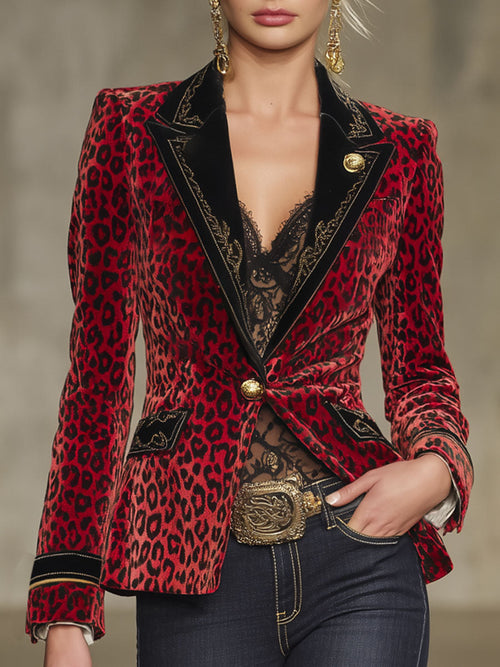 Veste en Velours Léopard Brodée avec Détails Contrastants Élégants