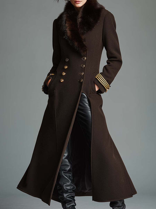 Chic Manteau Long Classique en Luxe avec Col en Fourrure Synthétique Détachable - Marron Café