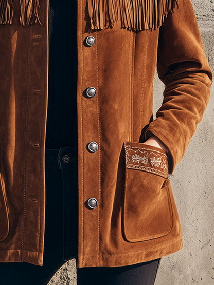 Veste Western en Suédine Brodée avec Col Sherpa