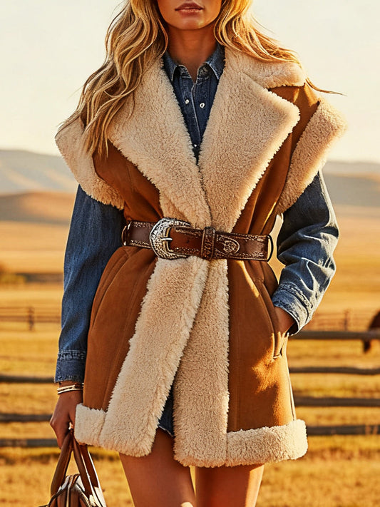 Veste en velours synthétique brun au style rétro occidental