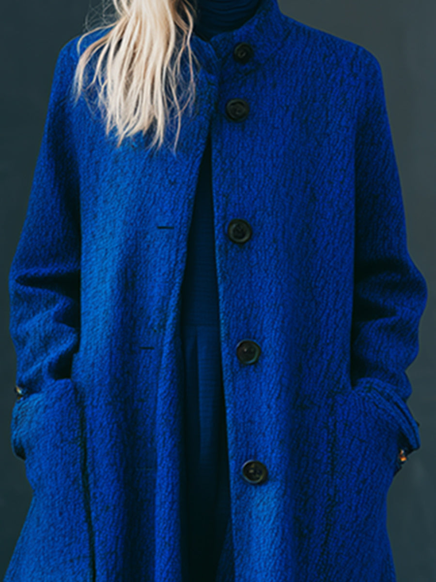Chic Manteau Mi-Long A-Line Bleu Royal avec Col Montant