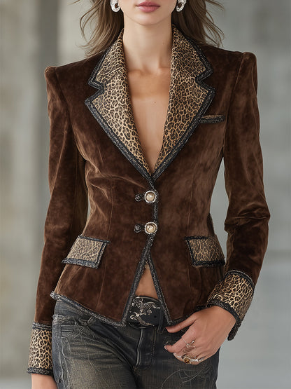 Western-Style Leopard Print Webbing Button with Synthetic Suede