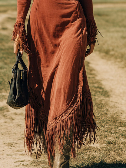 Robe Maxi Vintage en Coton Rouge Brique à Manches Longues et Franges