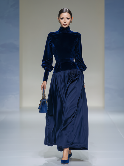 Robe Rétro Élégante en Velours Satin avec Col Montant et Manches Longues Patchwork
