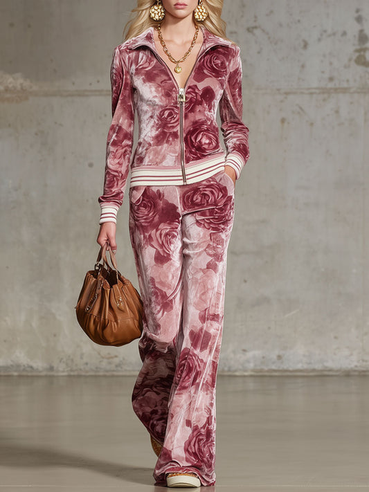 Ensemble Chic en Velours Imprimé Rose : Top à Zip et Pantalon Coordonné