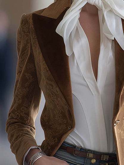 Blazer Vintage Western en Suédine Marron à Motifs