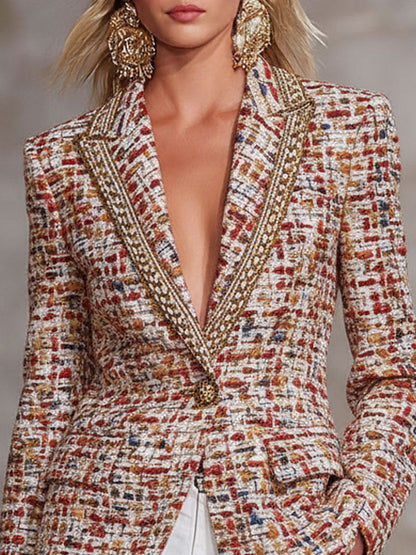 Vibrant Tweed Blazer with Contrasting Ribbon and Single Button Closure