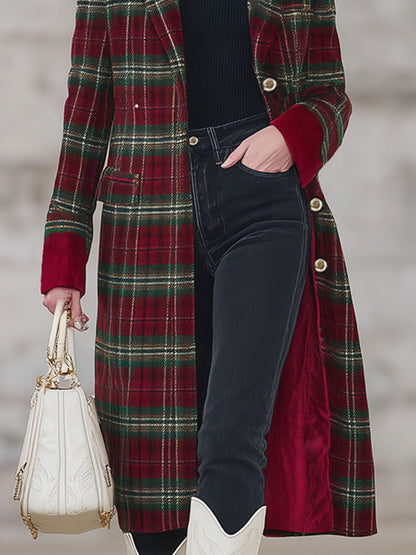Classique Manteau Tartan Rouge et Vert avec Revers Élégant