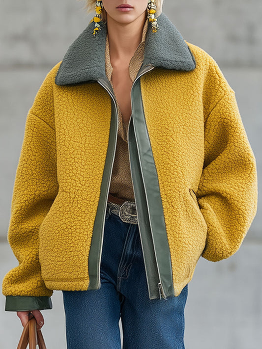 Veste Polaire Jaune avec Détails en PU - Style Nomade Urbain Rétro