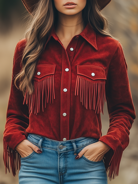 Chemise Western Cowboy Rouge en Daim à Manches Longues avec Col à Revers et Franges - Expédition Rapide sous 24 Heures!