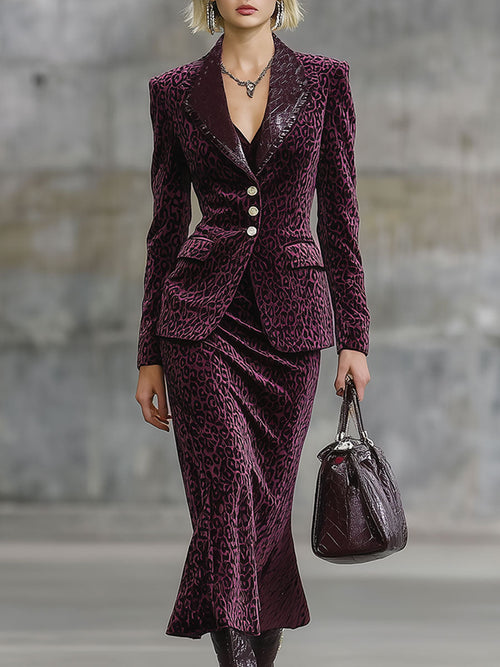 Jupe Midi en Similicuir avec Imprimé Léopard Violet Vintage et Détails en Velours