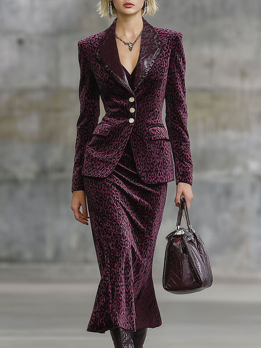 Jupe Midi en Similicuir avec Imprimé Léopard Violet Vintage et Détails en Velours