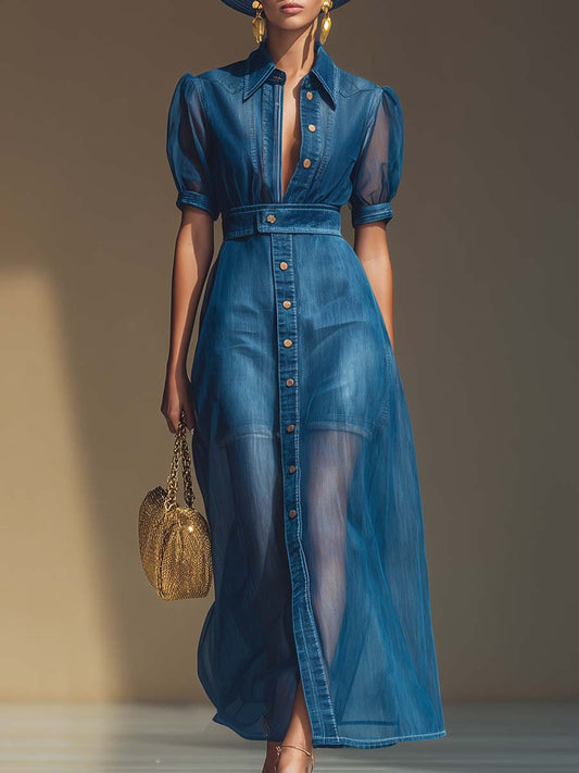 Robe Maxi en Denim Bleu avec Décolleté en V et Élégants Détails à Boutons, Manches Courtes en Organza