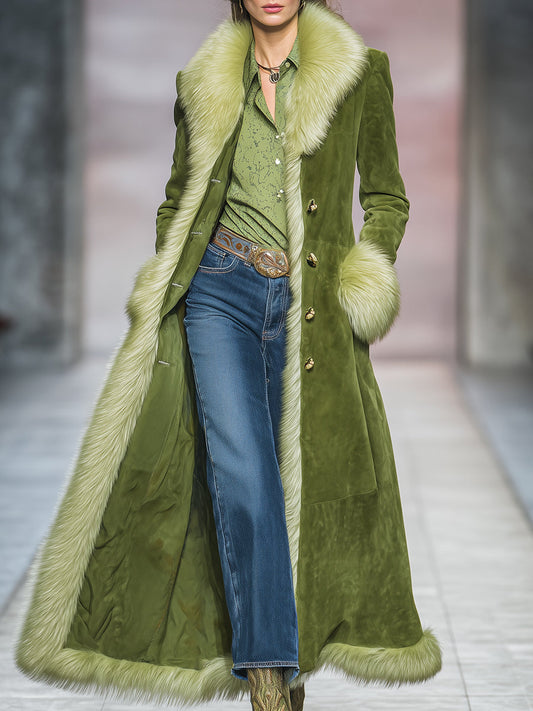 Veste Longue en Velours Vert avec Détails en Fausse Fourrure Vintage