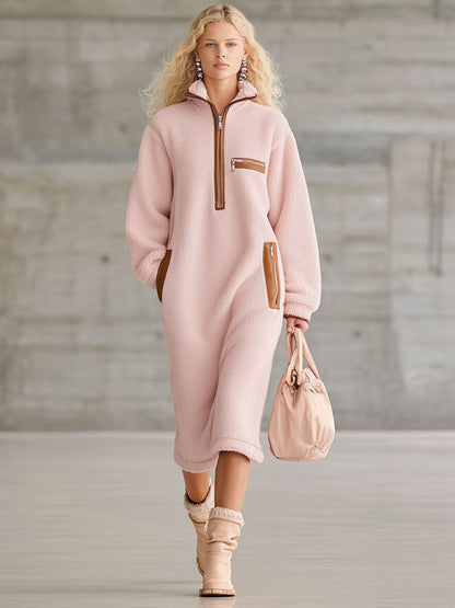 Robe Midi Polaire Rose avec Mi-Zip en PU Marron au Style Rétro Western