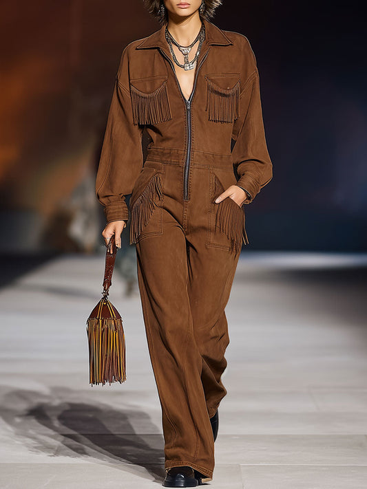 Salopette Rétro en Denim Caramel à Manches Longues avec Poches à Franges