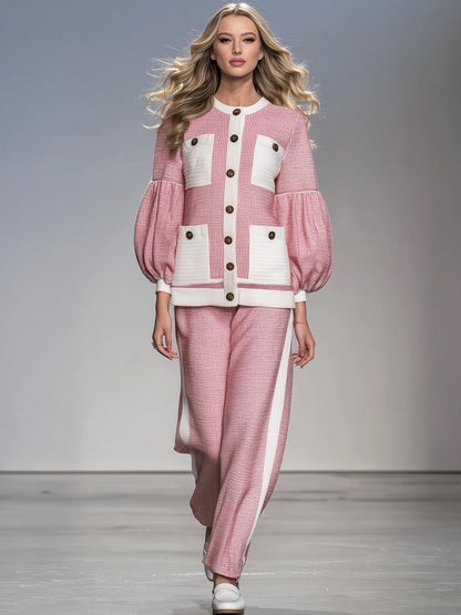Ensemble Élégant : Pantalons Amples avec Manches Bouffantes Blanches et Poches Roses