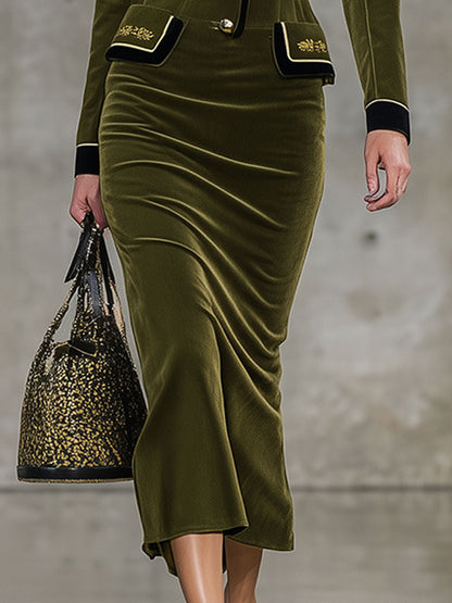 Robe Midi Rétro en Velours Vert avec Col Élégant