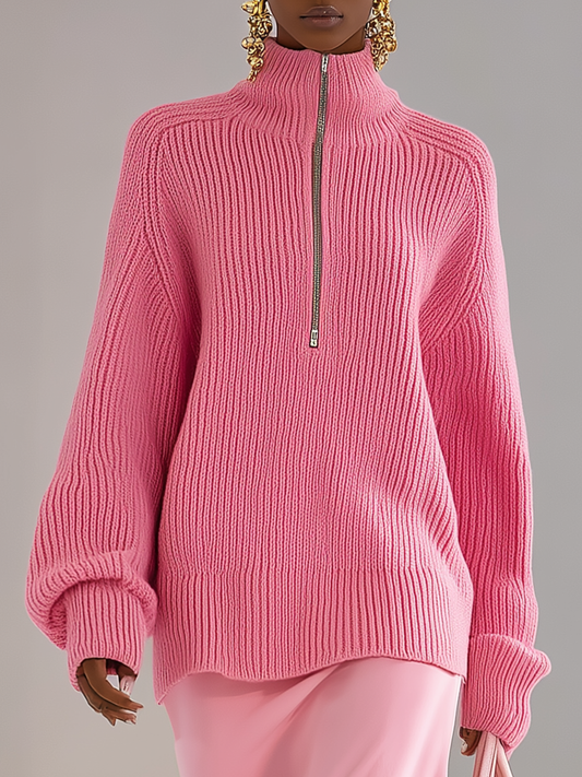 Pull Chic à Col Montant Zippé et Manches Longues