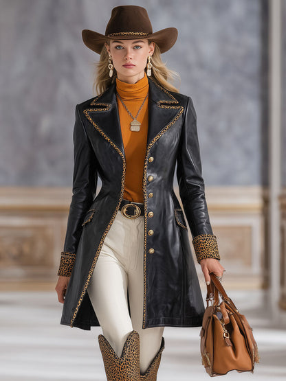 Veste en simili cuir avec col à revers et motif léopard