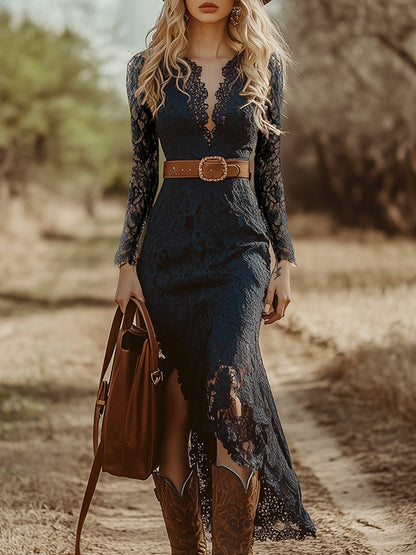 Robe Bohémienne Vintage en Dentelle Bleue à Manches Longues - Élégance Midi
