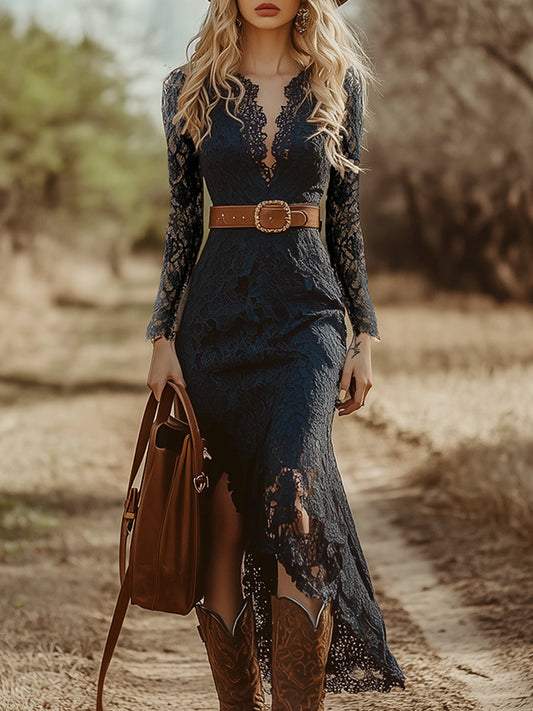 Robe Bohémienne Vintage en Dentelle Bleue à Manches Longues - Élégance Midi