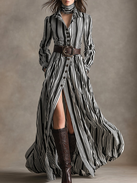 Robe Maxi Rayée Noire et Blanche avec Col Revers et Ceinture à Glissière
