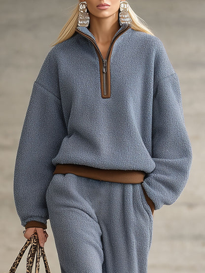 Veste Zippée en Polaire Bleue avec Détails Marron Rétro