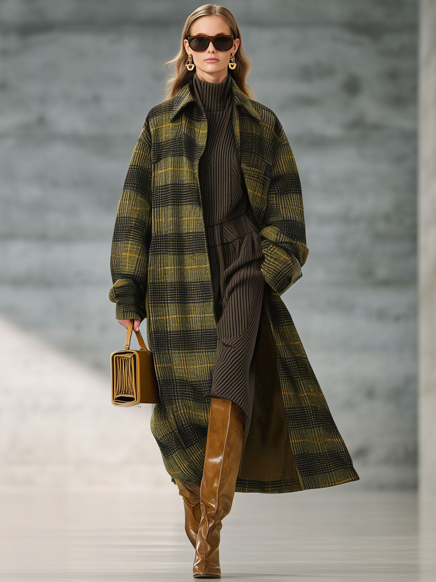 Veste Longue Rétro à Carreaux Jaune et Vert - Style Ample en Laine