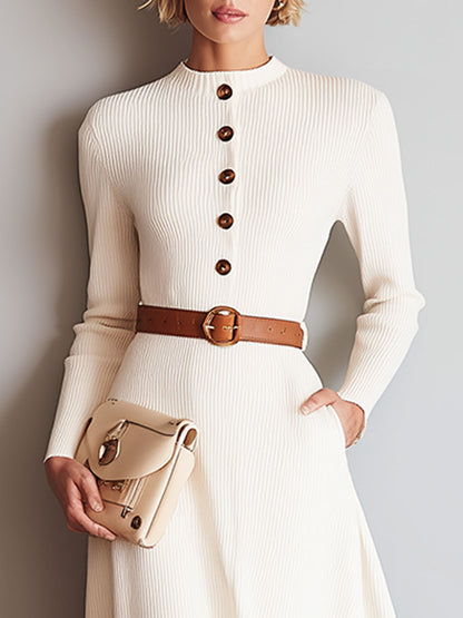 Ample Vintage Beige Knitted Midi Button-Up Dress